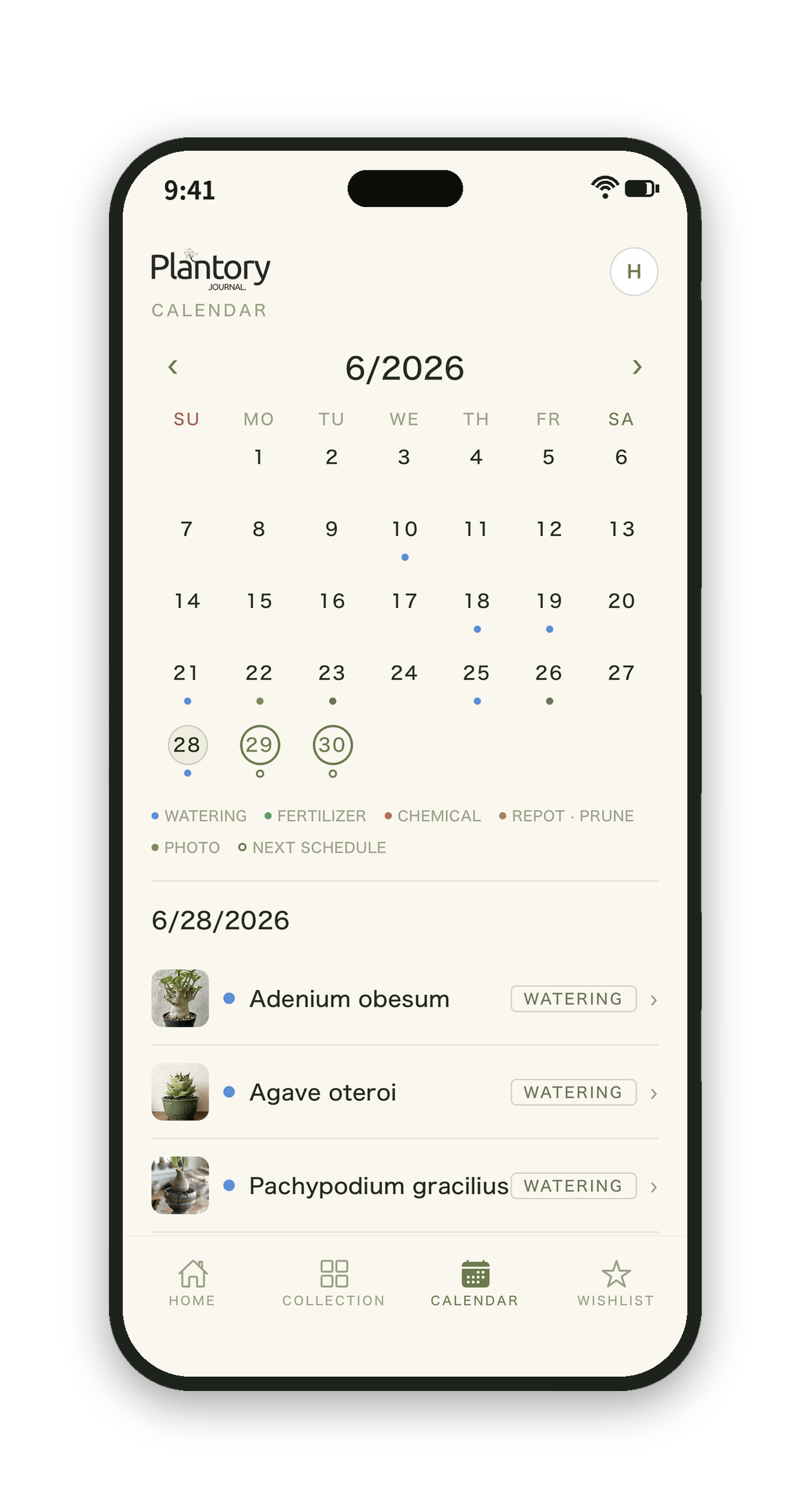 Calendar screen