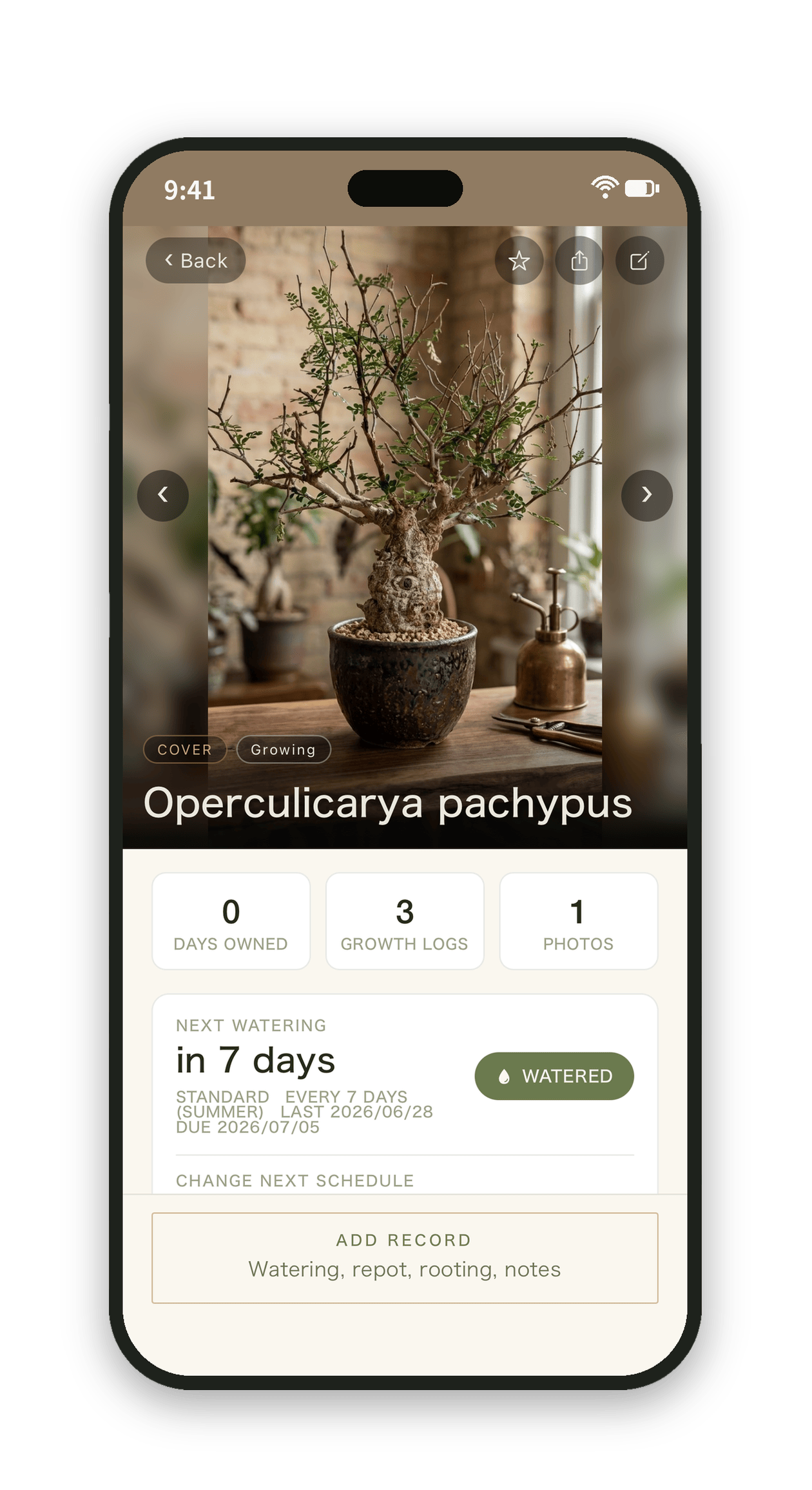 Plant detail and growth log screen